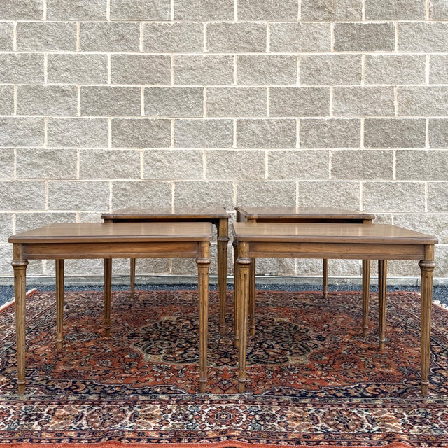 1960s Heritage Furniture French Louis XVI Golden Walnut Nesting Side Tables - Set of 4 For Sale - Image 12 of 17