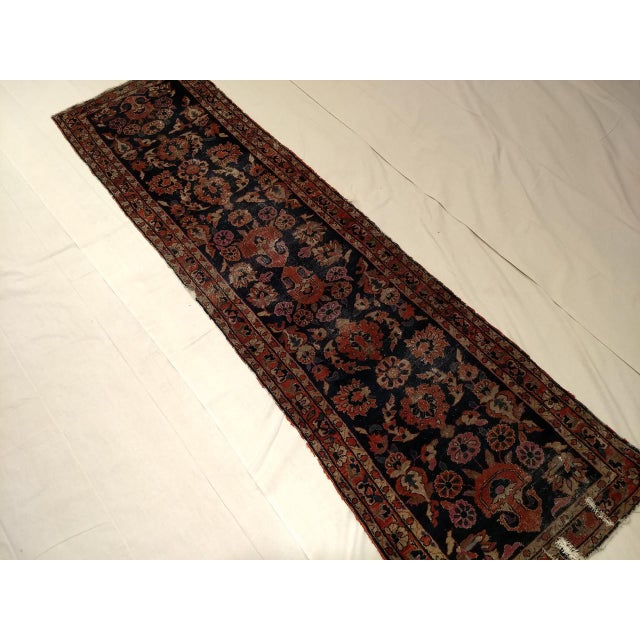 Antique Persian Sarouk Lilian Runner Rug, Hand-Knotted Wool, Floral Pattern, Navy & Red, 3x9 For Sale - Image 11 of 12