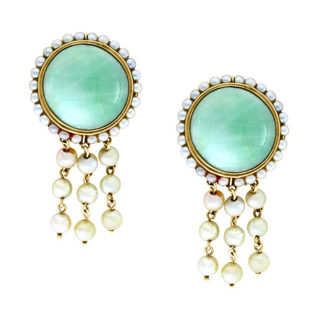 Vintage Natural Jade Earring & Ring Set + Natural Pearls, 14 K Yellow Gold 48 Gm For Sale - Image 9 of 18