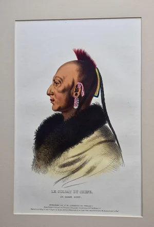 Le at Du Chene, Osage Chief: An Original 19th C. Hand-Colored Folio-Sized McKenney & Hall Lithograph
