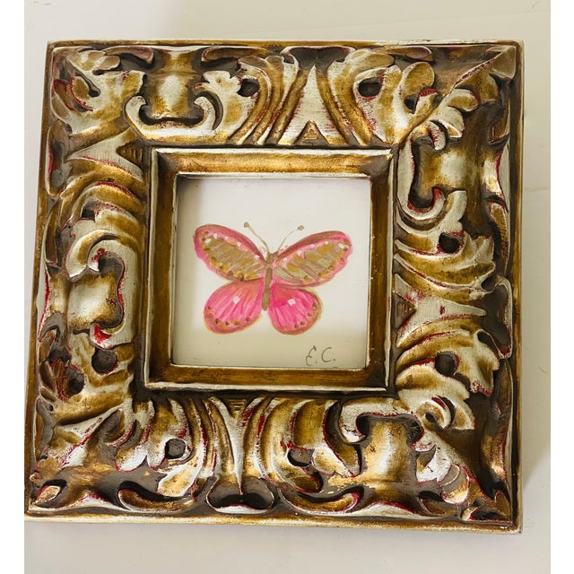 Abstract 1970s Pink Butterfly Original Painting in Gold Frame For Sale - Image 3 of 4
