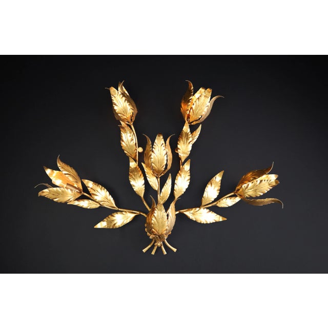 Vintage German Gilded Metal Floral Leaf Monumental Wall Sconce by Hans Kögl, 1970s For Sale - Image 3 of 11
