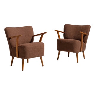 Pair of 1940s Danish Brown Mid-Century Modern Upholstered Armchairs For Sale