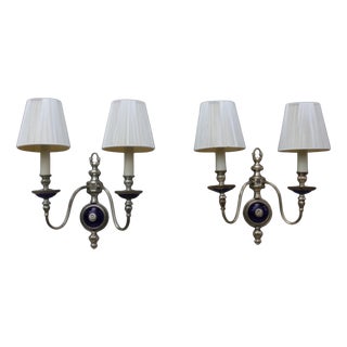 French Art Nouveau Wall Sconces in Cobalt Blue Glass, 1940s, Set of 2 For Sale