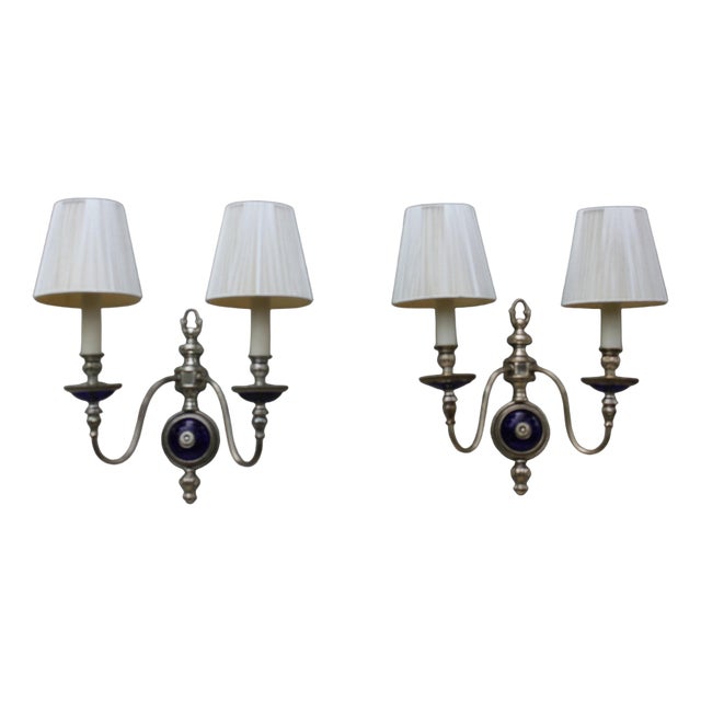 French Art Nouveau Wall Sconces in Cobalt Blue Glass, 1940s, Set of 2 For Sale