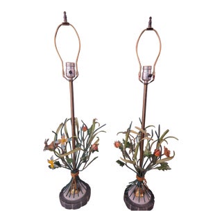 Mid 20th Century Hollywood Regency Style Tole Metal Floral Lamps With Marble Bases- a Pair For Sale