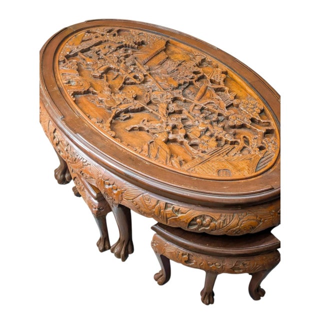 Wood Mid-Century Hand-Carved Asian Nesting Coffee Table With 6 Stools, C. 1950s Opium Table For Sale - Image 7 of 10