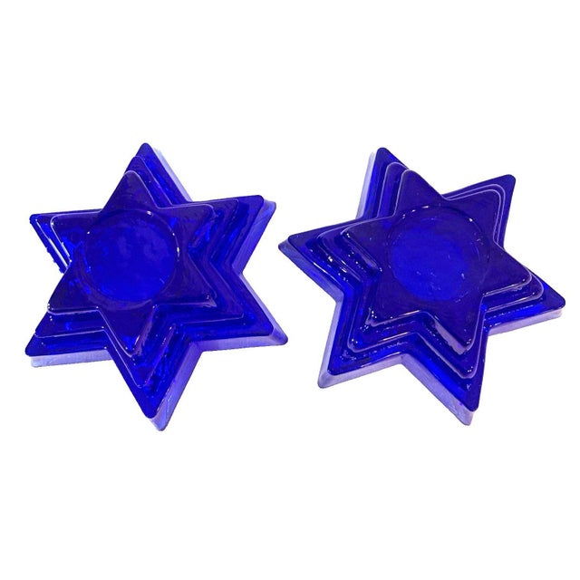 Mid-Century Modern VTG Cobalt Blue 6‑Point Star Glass Candle Holders Pressed Glass Pair 1970s-1990s For Sale - Image 3 of 6