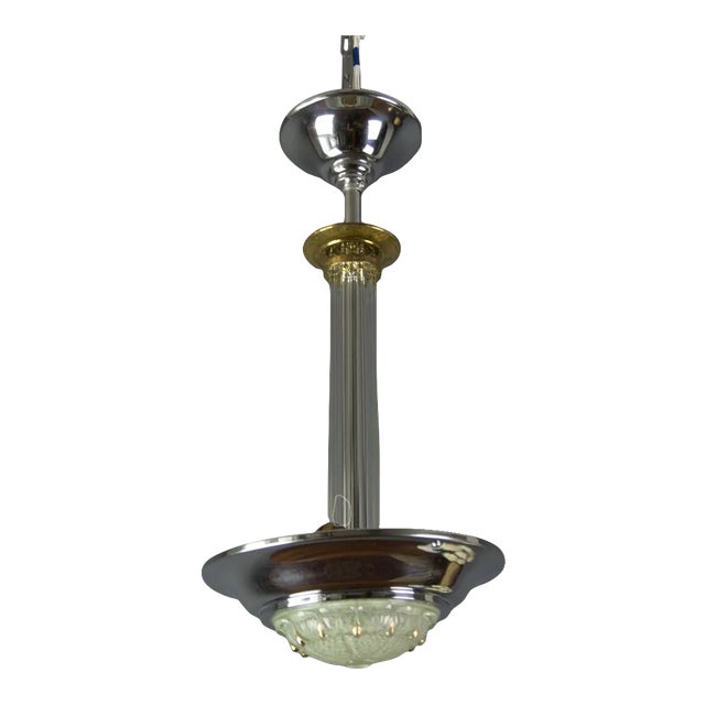 Art Deco French Chromed Brass and Glass Chandelier, 1930s For Sale