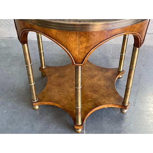 Wood Vintage Art Deco Burl Wood & Églomisé Glass Accent Table With Brass Details For Sale - Image 7 of 12