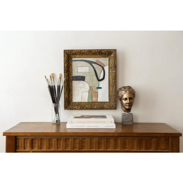 Original abstract painting in a marvelous antique golden-bronze frame. This organic piece has a palette of pale sage...