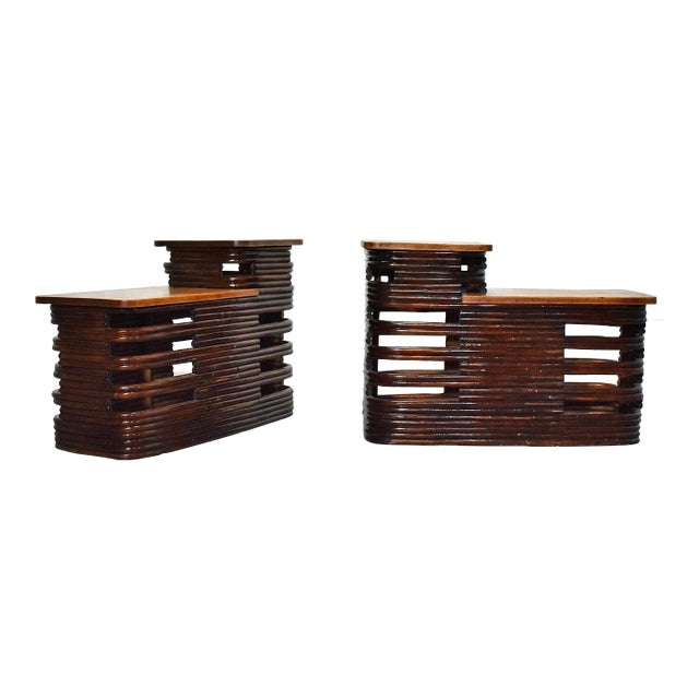 Paul Frankl Deco Stacked Rattan Tiered Side Tables - A Pair For Sale