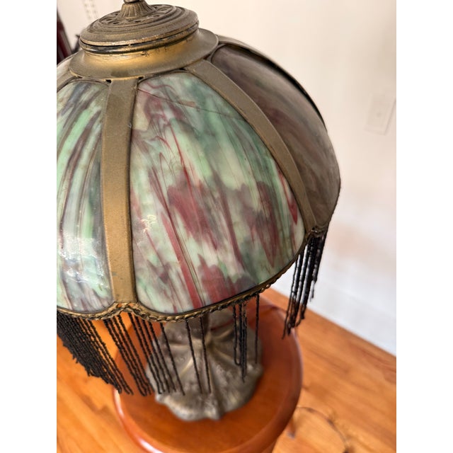 1910s Antique Art Nouveau Slag Glass Table Lamp With Beaded Fringe For Sale - Image 5 of 10