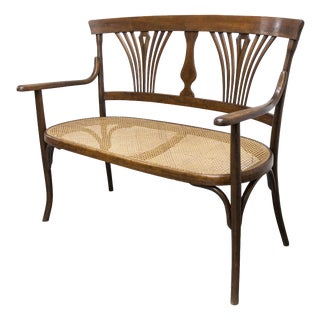 Hand-Caned Bentwood Bench from Fischel, 1930s For Sale