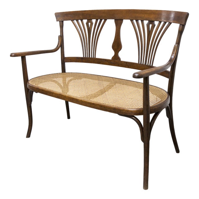 Hand-Caned Bentwood Bench from Fischel, 1930s For Sale