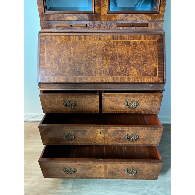 Wood Mid 20th Century Queen Anne Style Burr Walnut Secretary Bookcase For Sale - Image 7 of 17