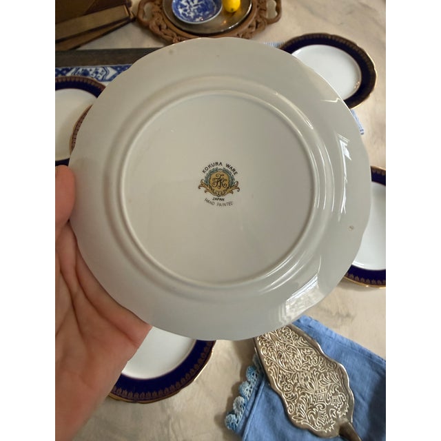 Vintage Noritake Kokura Ware Cobalt Blue and Gold Rim 6.25 Inch Dessert Plates – Hand Painted Japan - Set of Eight (8) For Sale In Chicago - Image 6 of 12
