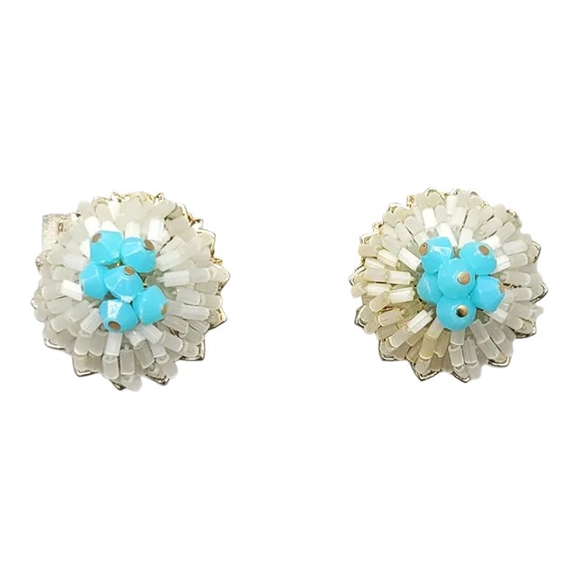 Vintage 1960s Signed Vendome White & Turquoise Beaded Clip Earrings - 2 Pieces For Sale