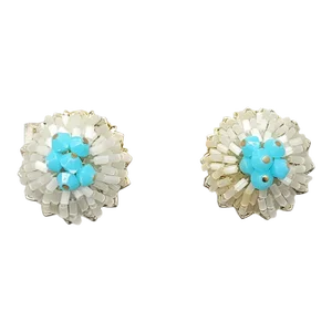 Vintage 1960s Signed Vendome White & Turquoise Beaded Clip Earrings - 2 Pieces