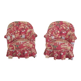 1900s Vintage Victorian Pheasant Print Small Upholstered Tufted Back Club Chairs- A Pair For Sale