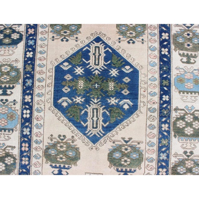 Mid 20th Century Blue and Green Geometric Oushak Vintage Rug With Medallion For Sale - Image 5 of 8