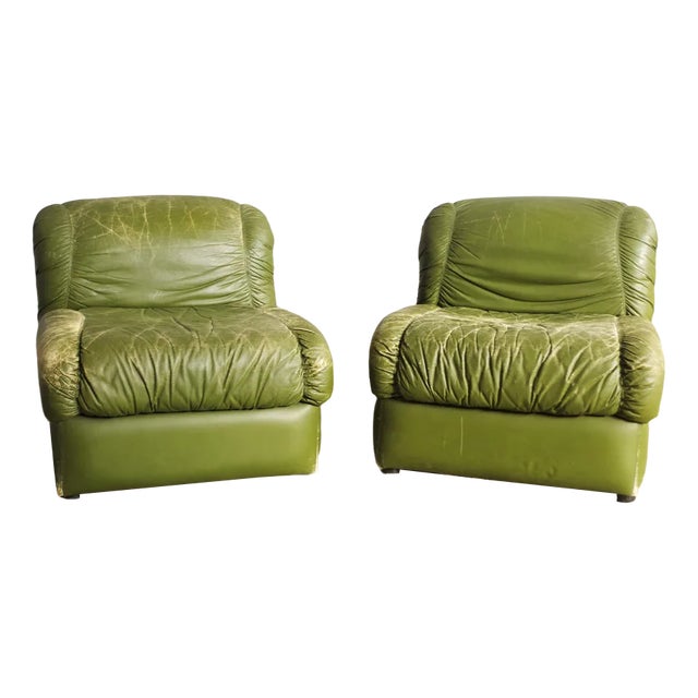 Green Eco-Leather Armchairs, 1970s, Set of 2 For Sale