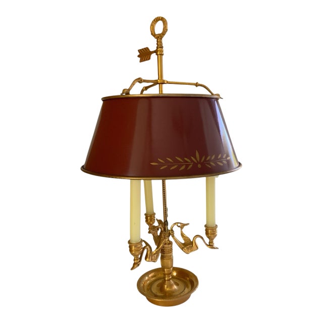Vintage Wildwood French Empire Candlestick Bouillotte Bronze Table Lamp Triple Swans 25.5" Made in 1980s For Sale