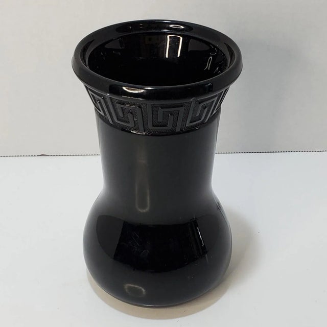 Pattern: Greek Key Color: Black Amethyst Company: L.E. Smith Date Produced: 1930s-40s Shape: Vase