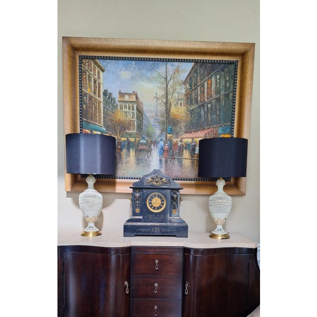 Val's Dollhouse is proud to present this pair of vintage Lenox style reticulated porcelain table lamps in urn form. The...