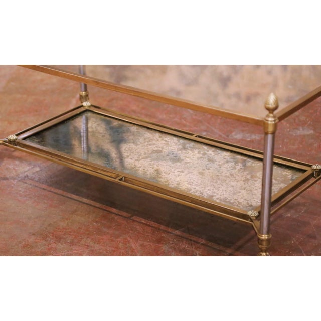 French Mid-Century French Maison Jansen Bronze, Steel and Mirror Two-Tier Coffee Table For Sale - Image 3 of 7