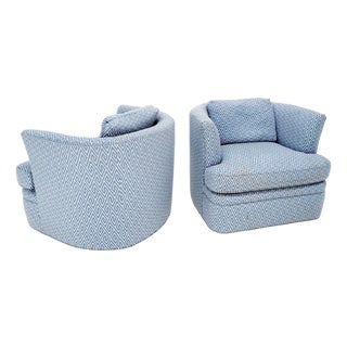Pair of Blue & White Upholstery Vintage MCM Barrel Back Swivel Chairs For Sale
