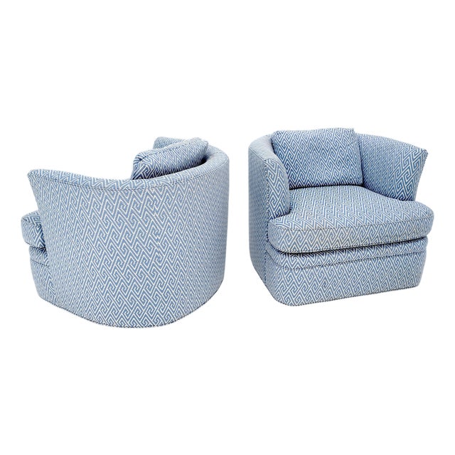 Pair of Blue & White Upholstery Vintage MCM Barrel Back Swivel Chairs For Sale