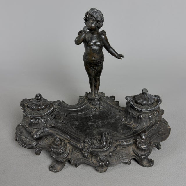 Inkwell for Writing Desk with Winged Putto in Burnished Antimony, 20th Century For Sale - Image 6 of 12