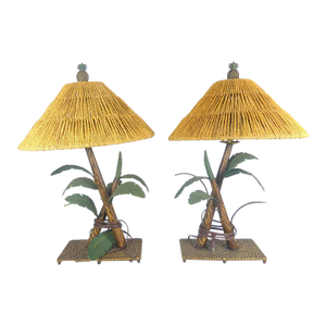 1970s Painted and Bronzed Banana Tree Tiki-Style Lamps - A Pair