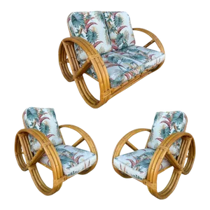 Rare Restored Three-Strand Child Size Round Full Pretzel Rattan Sofa and Lounge Chair Set