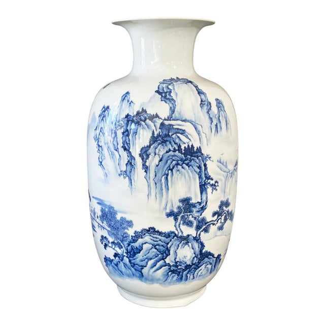 Large Chinoiserie Blue and White Vase 24.75" H For Sale