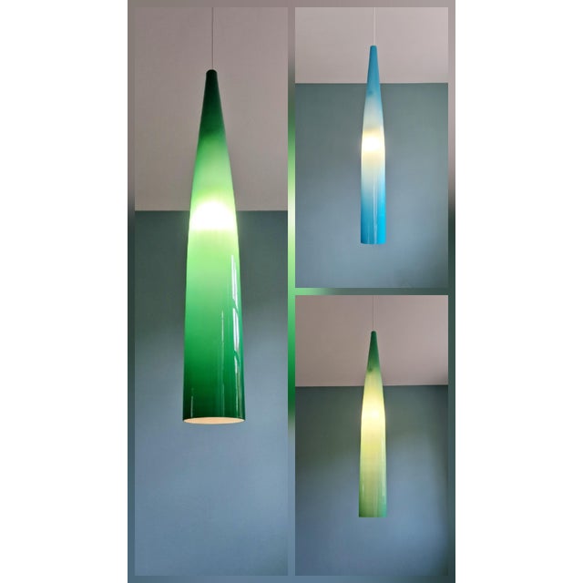 Trio of xxl murano glass pendant lights in shades of blue-green, designed by alessandro pianon for vistosi glassworks,...