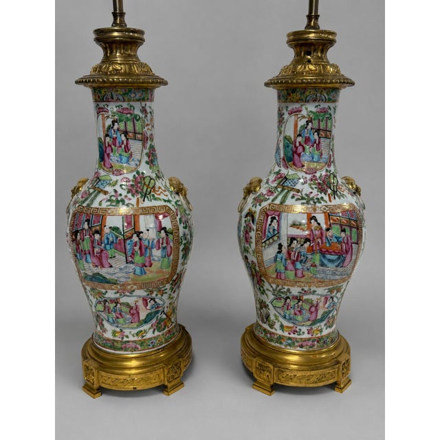 Mid 19th Century Chinese Famille Rose Medallion Porcelain and Gilt-Bronze Lamps - a Pair For Sale In Providence - Image 6 of 11
