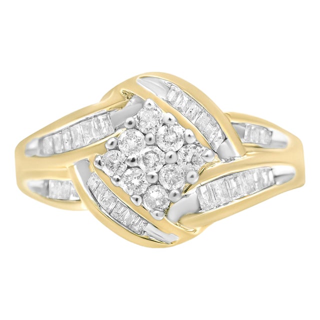 10K Yellow and White Gold 3/4 Cttw Diamond Cluster and Swirl Ring (H-I Color, I1-I2 Clarity) For Sale