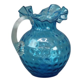 Antique Victorian Blue Coin Spot Ruffle Top Art Glass Water Pitcher W Applied Handle For Sale