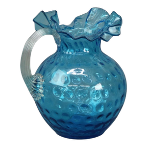 Antique Victorian Blue Coin Spot Ruffle Top Art Glass Water Pitcher W Applied Handle