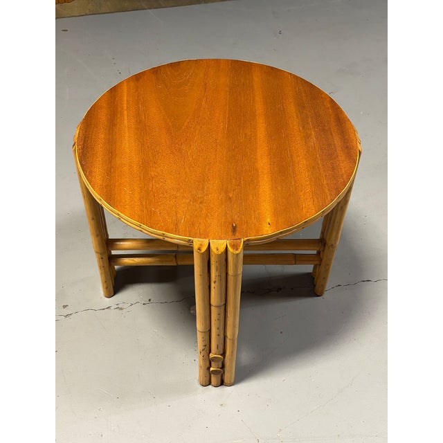 Wood Restored Vintage Rattan Vertically Stacked Circular Drink Side Table With Mahogany Top For Sale - Image 7 of 9