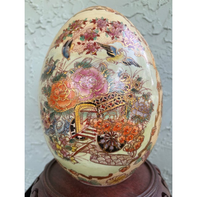 Large Chinese Hand-Painted Porcelain Decorative Egg With Carved Wood Stand, 14.5”h For Sale - Image 4 of 9