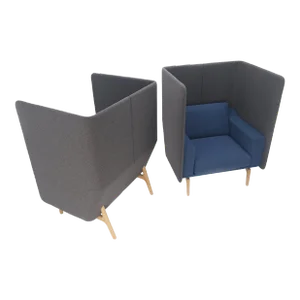 Mid Century Modern Wingback Lounge Chairs Blue Grey Wool Upholstery - A Pair