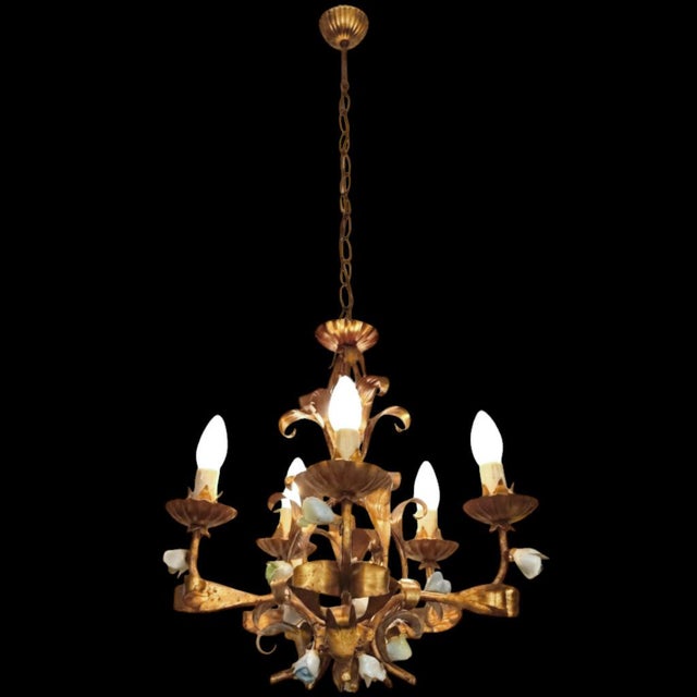 Vintage Hollywood Regency Florentine Five-Arm Metal Chandelier with Porcelain Flowers, 1970s For Sale - Image 12 of 18