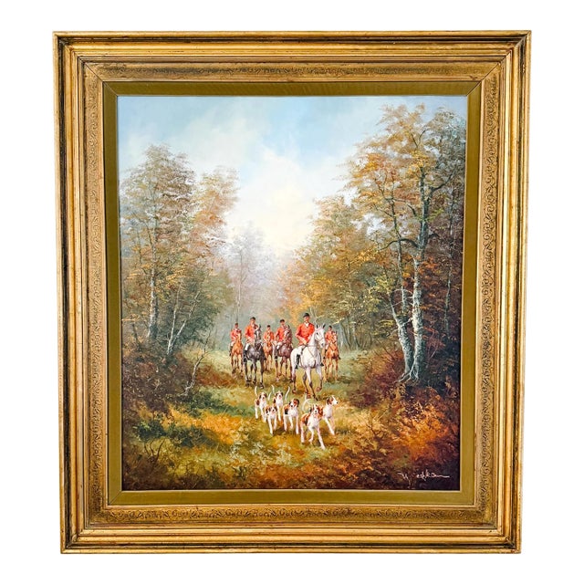 Vintage Large Scale English School Equestrian Fox Hunt Oil Painting in Giltwood Frame, Signed For Sale