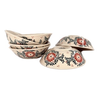 Asian Modern Bat Trang Vietnam Multipurpose Ceramic Bowls Hand Painted in Red & Blue Floral Motif - Set of 6 For Sale