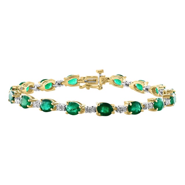 12 Ct Natural Brazilian Emerald and Diamond Tennis Bracelet 14 Karat Yellow Gold For Sale