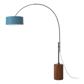 Tambo 92" Arc Lamp - Mid-Century Modern, Black Nickel, Turquoise Shade, Walnut Base For Sale