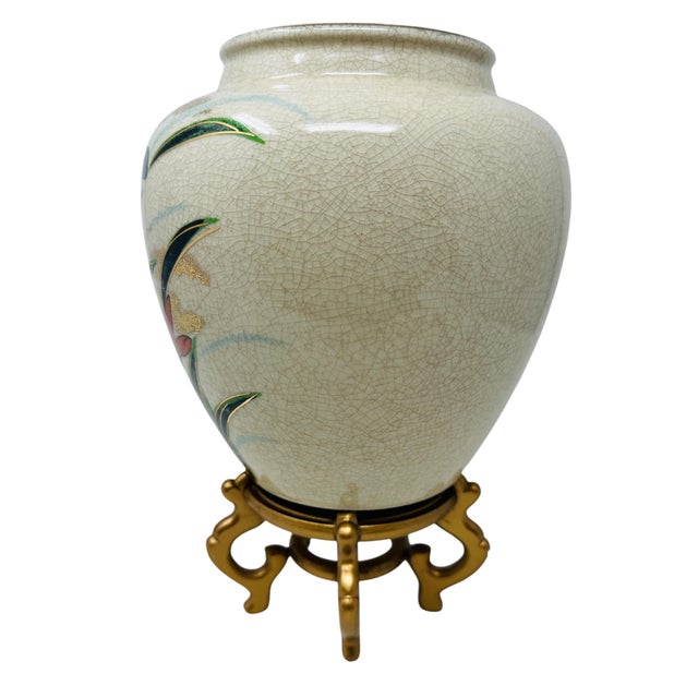 Vintage 1980s Japanese Porcelain 7.5-Inch Ovoid Iris and Kingfisher Vase For Sale - Image 9 of 13